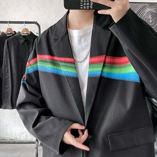 彩虹印花西服男秋季新款港风宽松大码潮流炸街痞帅ins