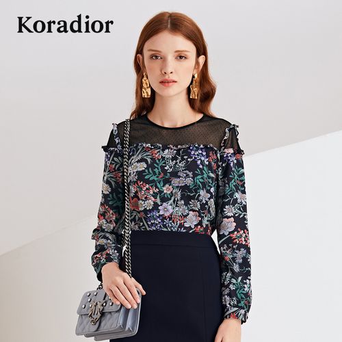 koradior/珂莱蒂尔品牌女装2019夏装新款印花修身套头百搭上衣女