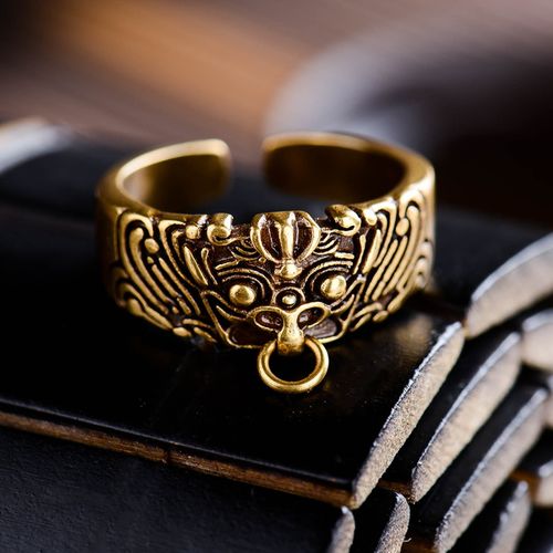 道系戒子纯铜神兽纹戒指饕餮开口指环个性复古霸气男女士精致尾戒