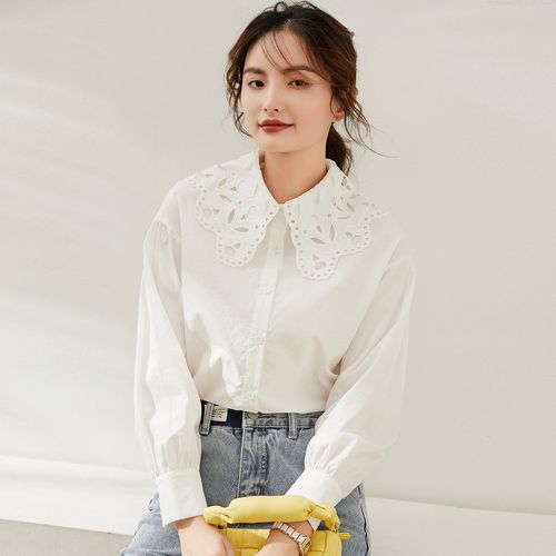 【日系娃娃花边领衬衫】21春新款宽松落肩袖甜美长袖女式衬衣