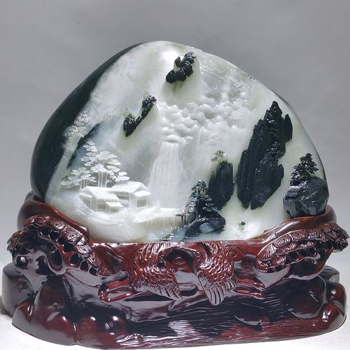 高端玉雕 水墨丹青 独山玉石意境山子中式欧式风水摆件镇宅工艺品