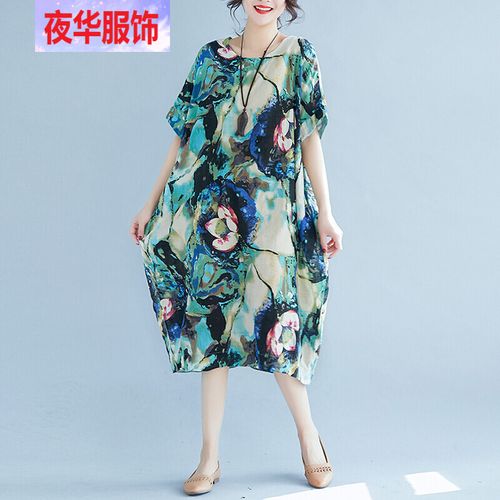 胖mm大码女装夏季胖mm遮肚子显瘦连衣裙洋气减龄复古印花宽松棉麻裙子