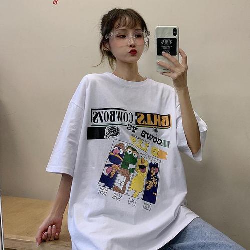 短袖女学生韩版宽松2021新款春夏季bf风芝麻街t恤女半袖上衣ins潮