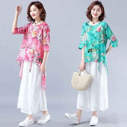棉麻时尚套装女2021夏季新款民族风花色上衣阔腿裤两