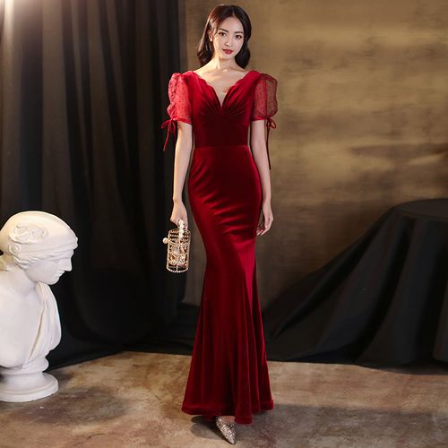晚礼服202新款气质泡泡袖遮手臂修身丝绒鱼尾酒红色女长款潮流女装m