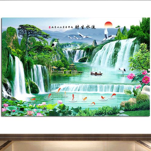 黄果树瀑布山水画流水生财风水画青山绿水聚宝盆湖泊美景贴画w16
