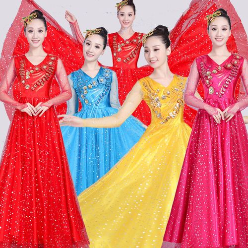 新款现代民族舞蹈服装长裙连衣裙演出服开场舞大摆裙女大合唱服