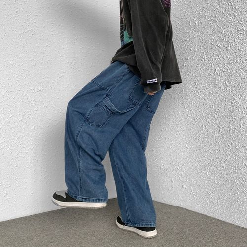 西海岸潮牌秋季日系大码工装阔腿牛仔裤男ins青年嘻哈高街长裤潮