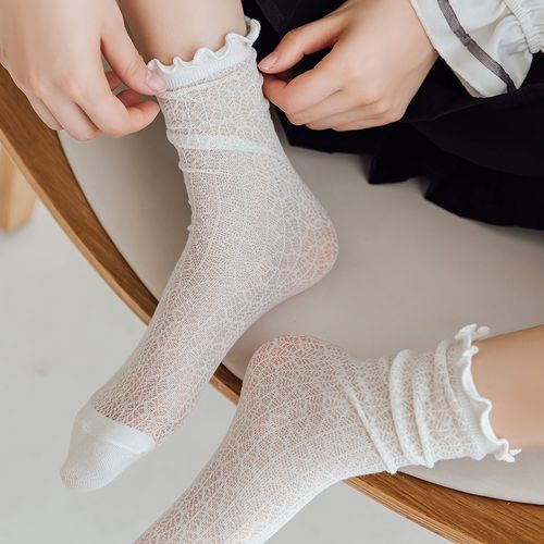 白色jk春秋长袜子女中筒袜网眼韩国日系可爱蕾丝ins潮