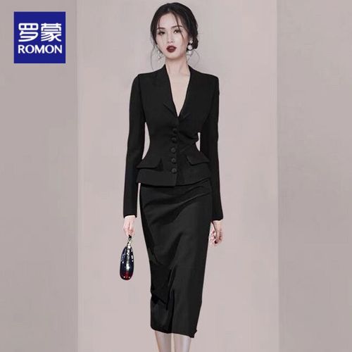 ⑧罗蒙西服套装女春秋感小众西装外套修身职业半身裙长款欧美两 黑色