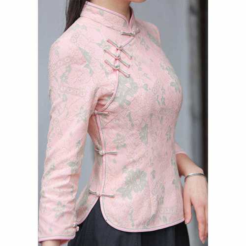 中式立领盘扣上衣女唐装女上衣长袖蕾丝修身时尚复古旗袍上衣套装