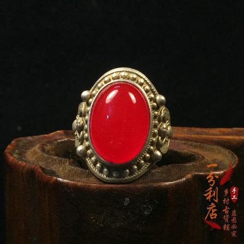 古玩古董清代红宝石双福戒托戒面老银镶嵌开口银戒指足银扳指银饰