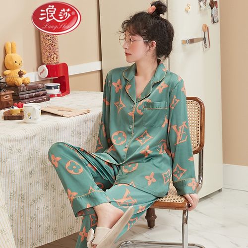 浪莎网红冰丝睡衣含真丝睡衣女丝绸睡衣透气丝绸缎面女士家居服品牌