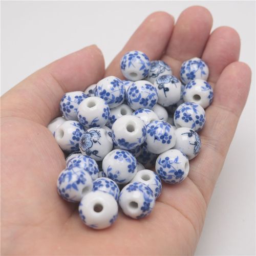 景德镇10mm青花瓷珠子陶瓷青花纹散珠diy手链 项串珠手工饰品隔珠