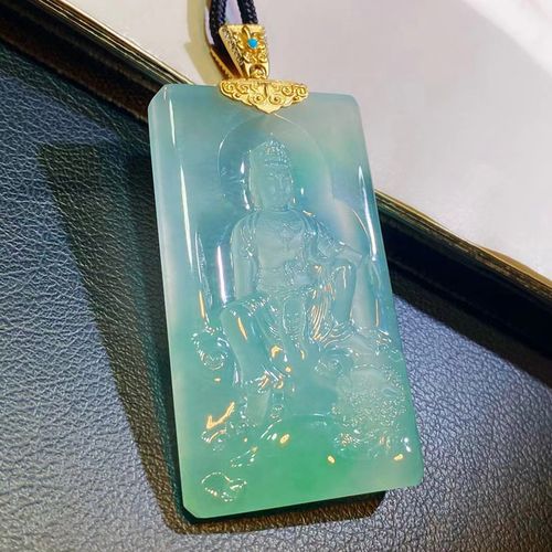 逸之璟天然缅甸老坑a货翡翠玉石雕刻冰种淡绿底文殊菩萨翡翠吊坠