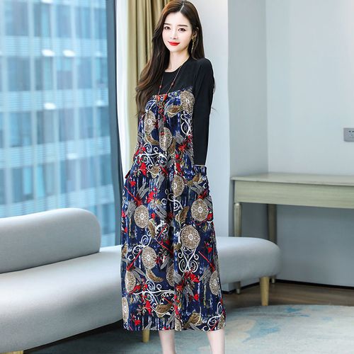 秋季新款胖mm显瘦假两件宽松大码印花过膝长裙淘宝特价版清仓女装抢购