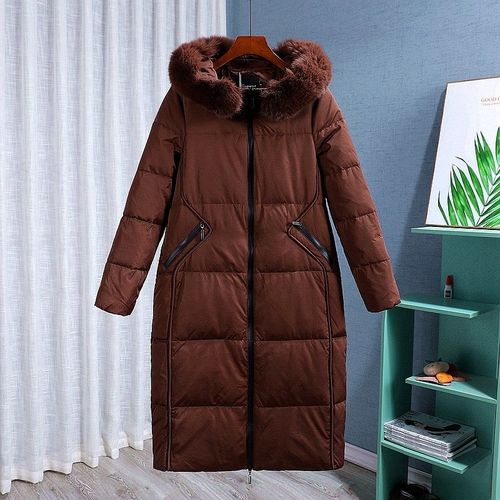 【泽】391-529白鸭绒加厚羽绒服过膝修身外套中长款大毛领狐狸毛