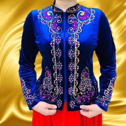 新款上市女大码上衣金丝绒烫钻绣花长袖女上衣修身长袖新疆舞蹈服