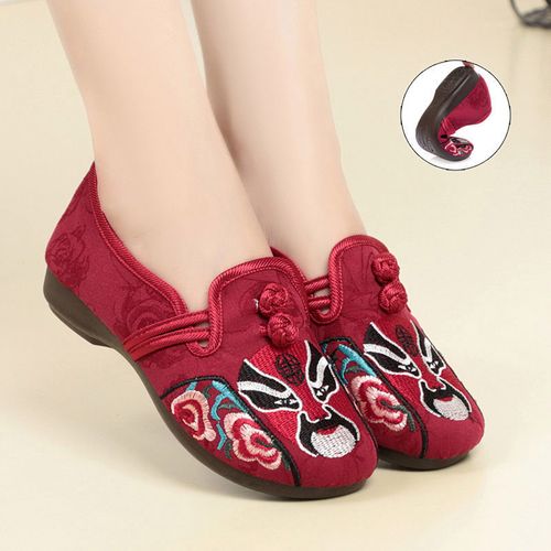 布鞋脸谱绣花鞋中老年妈妈鞋民族风舞蹈鞋套脚女单鞋 2-270枣红色 35