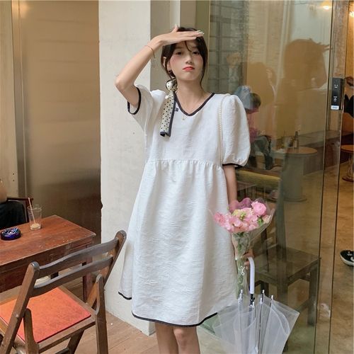 大码女装2021夏季韩版甜美宽松显瘦宫廷风提花后背系带公主连衣裙