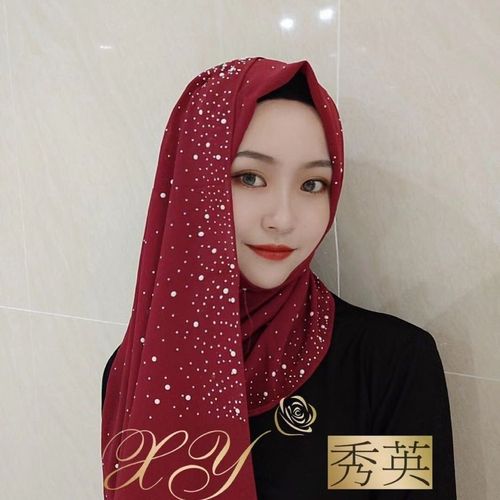 穆斯林纱巾新款时尚休闲烫瓷长巾满天星回族女简便款马来雪纺头巾【2