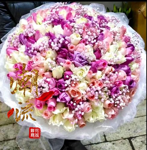 抚州鲜花店速递199朵红白粉紫香槟玫瑰混搭花束上饶