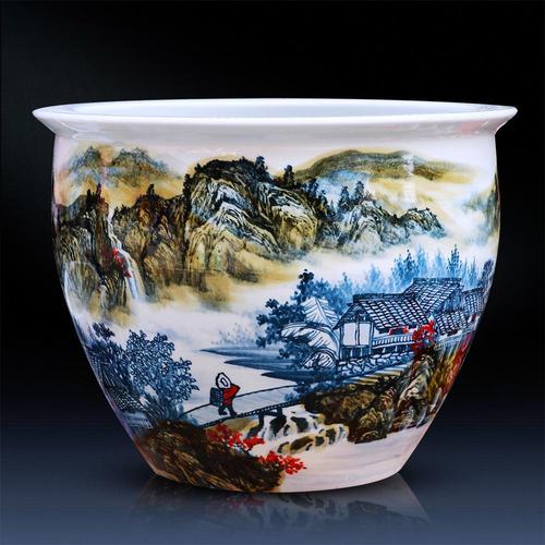 景德镇陶瓷鱼缸瓷器摆件手绘山水画缸现代中式家居客厅装饰品摆设