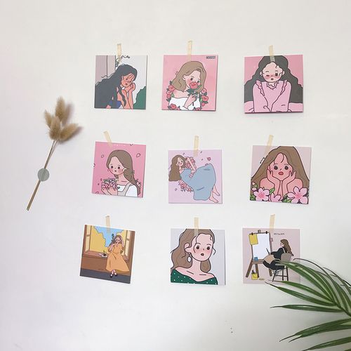 ins韩风插画卡片可爱粉色少女心墙贴贴纸宿舍卧室墙面