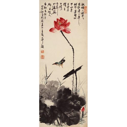 姿翰超高清微喷装饰画 孔小瑜 写意花鸟画 红荷翠鸟图 纸本 107x41 画