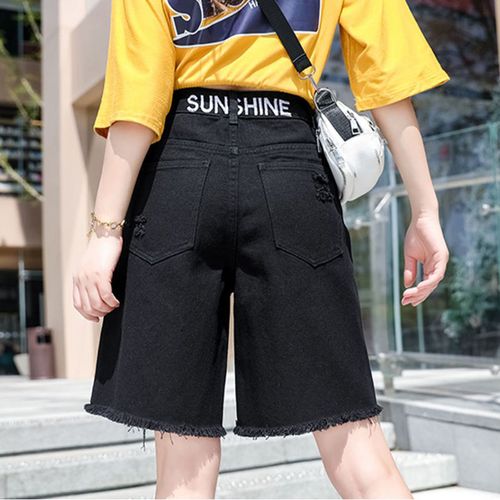 牛仔五分裤女夏季高腰直筒2022年新款潮宽松阔腿黑色短裤薄款破洞
