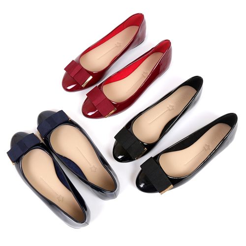 2019秋季新款平底单鞋 圆头浅口蝴蝶结平跟工作鞋 漆皮百搭女士鞋