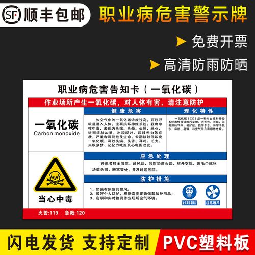 一氧化碳职业病危害告知牌卡粉尘卫生警示告知卡安全标识危险化学品