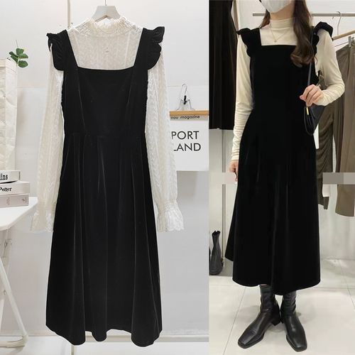 西普7715 复古宫廷风丝绒连衣裙女显瘦长袖减龄气质黑色裙 0.33kg