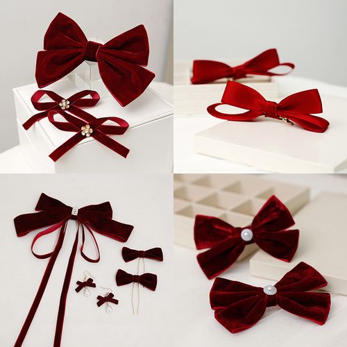 日韩新娘发饰酒红色蝴蝶结发夹边夹顶夹中式婚礼敬酒