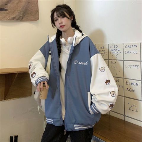 春秋季2021新款韩版宽松学生加绒加厚棒球服外套连帽卫衣女潮ins【2月