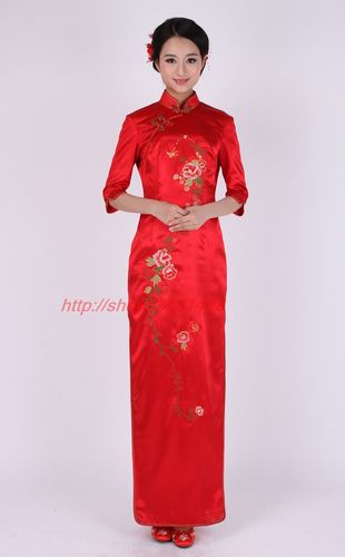 木真鸟大红新娘装旗袍礼服中袖长款刺绣重工