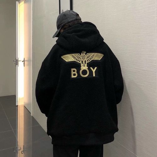 century boy 2022春季新款潮牌衣服老鹰大翅膀中长款羊羔绒连帽外套