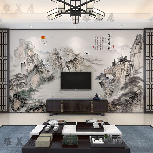 8d电视背景墙墙纸中式客厅沙发大气水墨山水壁画3d影视墙壁纸墙布