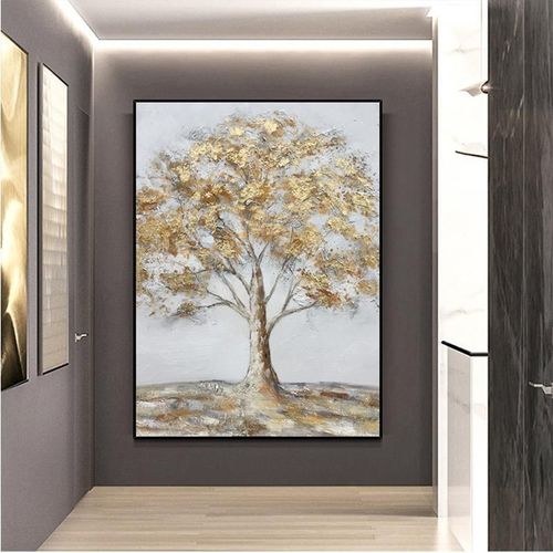 手绘油画美式大幅金箔发财树入户玄关挂画轻奢酒店样板间装饰画