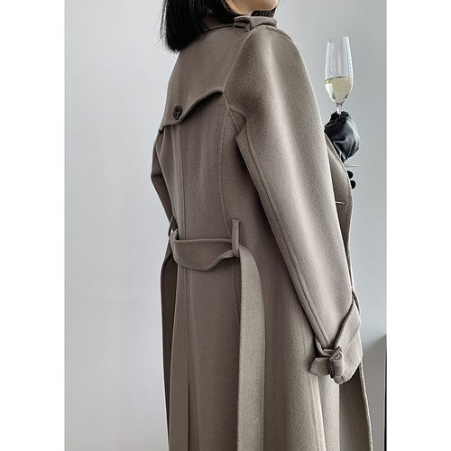 大象灰高端双面羊绒大衣女2021新款冬季中长款过膝全羊毛呢子外套