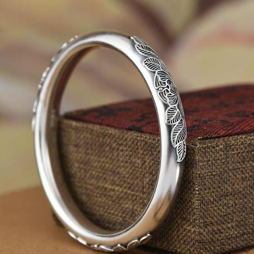 s999莲花银手镯复古做旧纯银手镯老银匠纯手工女足银镯子包邮