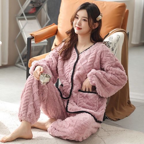 女装秋冬季加厚纽扣开衫长袖长裤睡衣套装加大码宽松家居服珊瑚绒