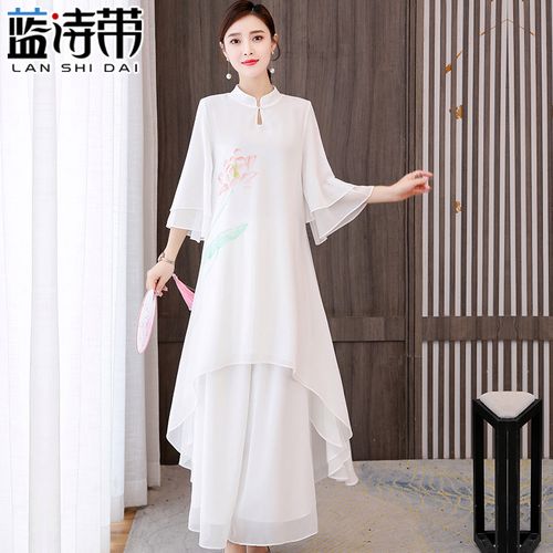 茶服女禅意文艺复古中国风唐装雪纺连衣裙禅服女套装茶艺服装女夏