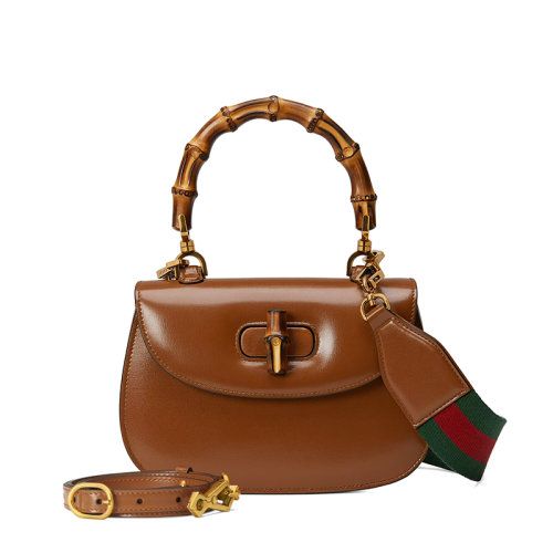 【包税】gucci/古驰 2021秋冬新款 女士小号棕色皮革竹节配件附皮革和