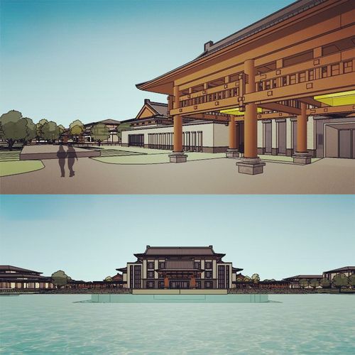 中式汉唐风格滨水环湖温泉度假村酒店会所宫殿建筑草图大师su模型