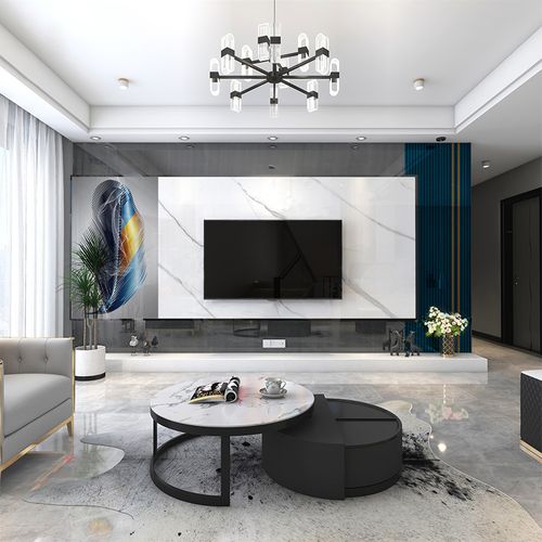 客厅悬空大理石电视背景墙现代简约岩板轻奢风大板影视墙格栅造型