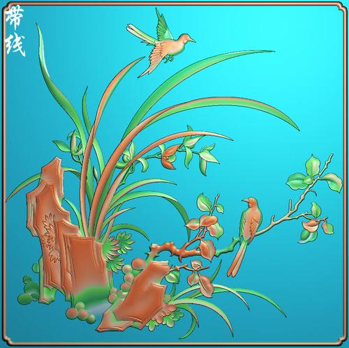 a精雕图兰花花鸟小柜门方板方屏浮雕图灰度图木雕砂岩石雕刻图