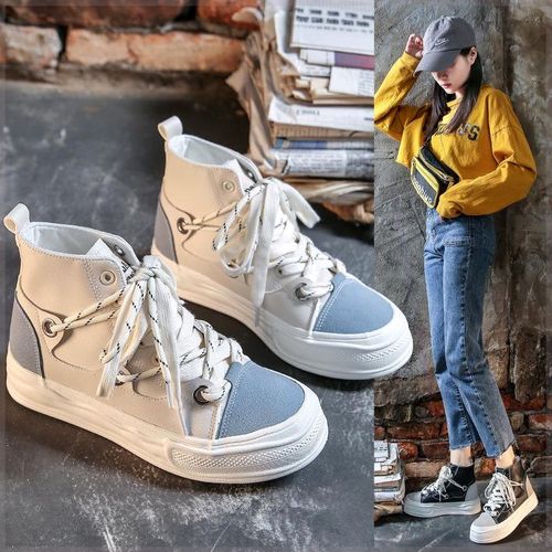 高帮平底布鞋夏女生高腰白球鞋少女初高中学生高帮帆布鞋单鞋街拍