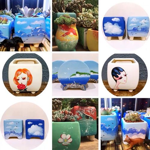 拇指多肉花盆陶瓷粗陶diy儿童益智涂鸦创意画画素烧透气植物小盆