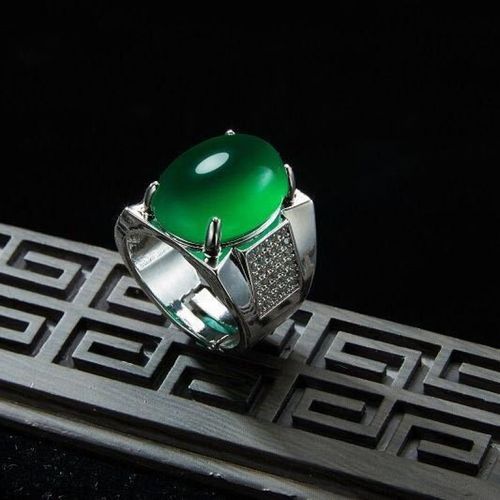 q厂家直销 天然翡翠色满绿玉髓 玉石镶嵌男女戒指 925
